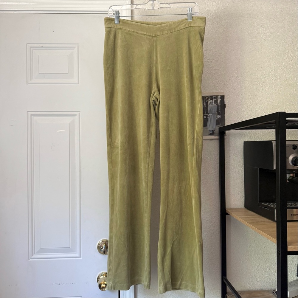 PEACHY DEN sage cotton blend knit velour velvet suede straight leg‎ pants
